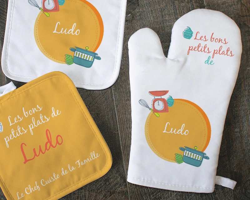 Kit Cuisine- Gant, Maniques Et Tablier Personnalisables - Bon Petit Plat 1 Kit Cuisine- Gant, Maniques Et Tablier Personnalisables - Bon Petit Plat