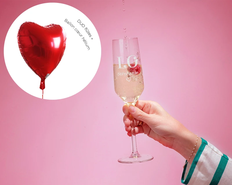 DUO Ballon Cœur Hélium Et 2 Flûtes à Champagne Personnalisables - LOVE 1 DUO Ballon Cœur Hélium Et 2 Flûtes à Champagne Personnalisables - LOVE