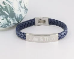 Bracelet Gravé Homme En Acier Et Cuir Tressé