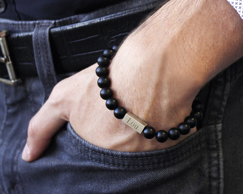 Bracelet Pour Homme Personnalisable - Perles Agates Noires Mates 1 Bracelet Pour Homme Personnalisable - Perles Agates Noires Mates
